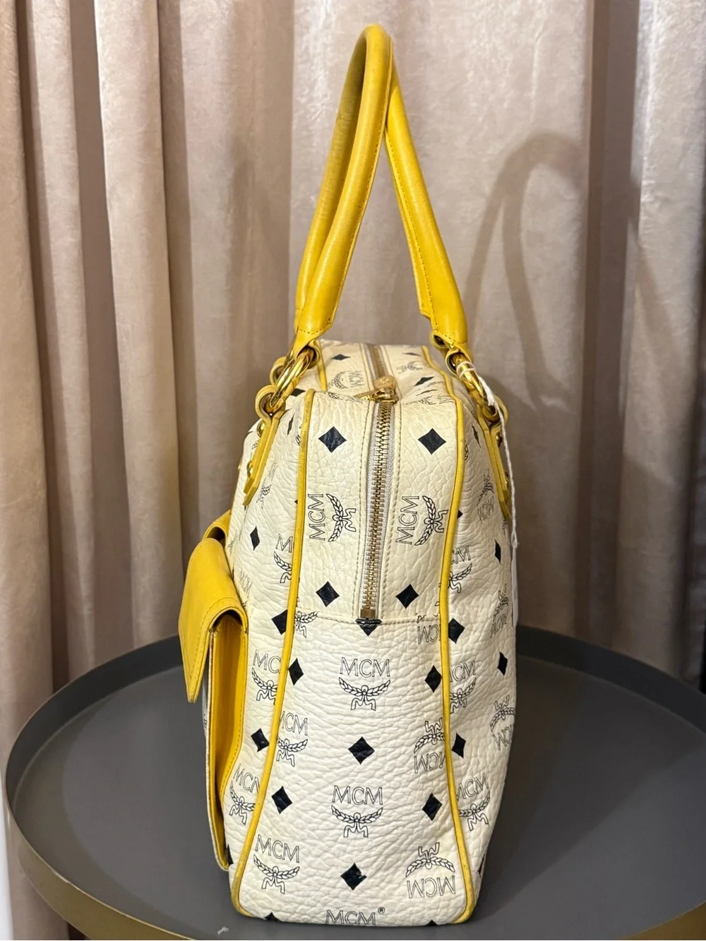 MCM White Visetos Double Pocket Satchel with Yellow Leather Trim
